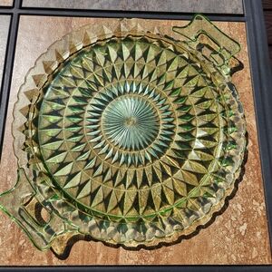 Jeannette Glass Windsor Handled Cake Plate Uranium Glass YES IT GLOWS!